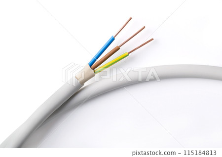 Electrical wires found in modern European houses after IEC standard color code. Yellow-green color cables as protective conductors, blue as neutral conductors and brown as single-phase conductors. 115184813