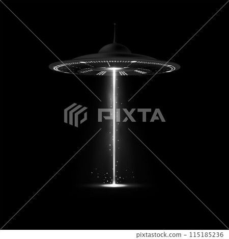 Alien spaceship, UFO with white vertical beam light, smoke and particles, vector flying unidentified round saucer, ray 115185236