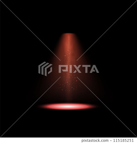 Realistic red vertical beam light effect, smoke and particles from alien spaceship, UFO, vector bright portal, spotlight 115185251