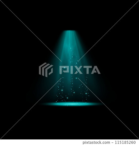 Blue vertical beam light effect, smoke and particles from alien spaceship, UFO, vector glowing bright portal, spotlight 115185260