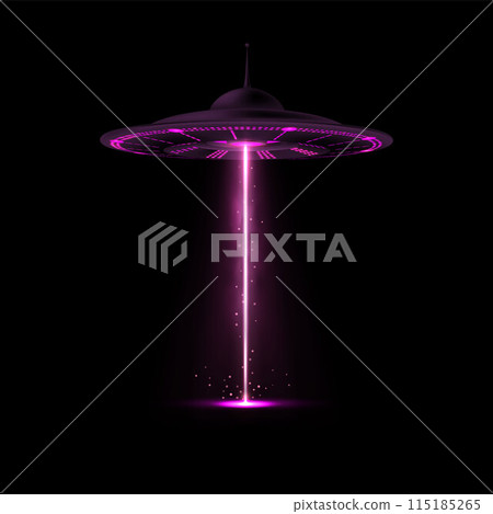 Realistic alien spaceship, UFO with purple vertical beam light, smoke, particles vector flying unidentified round saucer 115185265