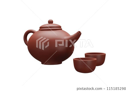 Brown clay teapot with cups 3D plastic cartoon style icon, vector render volume pottery fictile, tea ceremony set 115185298