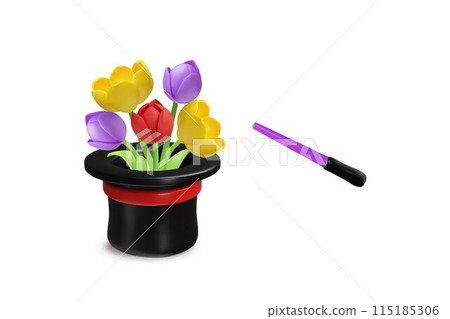 Magic wand and hat with tulips flowers 3D vector, volume focus trick with bouquet gift performance from black cylinder 115185306