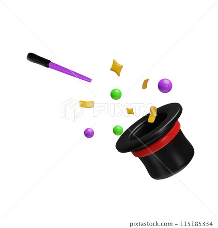 Magic wand and hat with magical balls serpentine and stars floating 3D vector, focus trick with explosion black cylinder 115185334