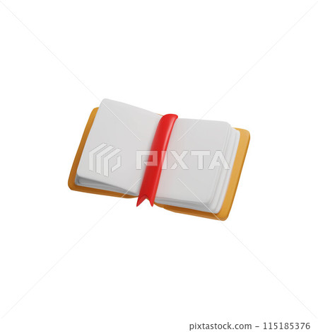 Vector illustration of an open 3D book with a red bookmark on a white background 115185376