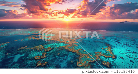 Great Barrier Reef on the coast of Queensland, Australia seascape. Coral sea marine ecosystem wallpaper background at sunset, with an orange purple sky in the evening golden hour 115185416