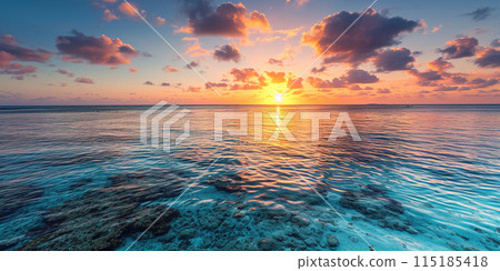 Great Barrier Reef on the coast of Queensland, Australia seascape. Coral sea marine ecosystem wallpaper background at sunset, with an orange purple sky in the evening golden hour 115185418
