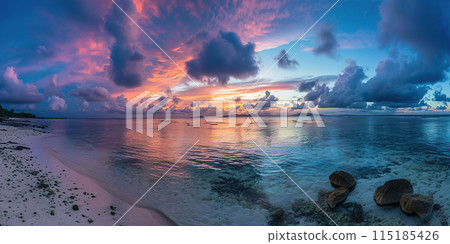 Great Barrier Reef on the coast of Queensland, Australia seascape. Coral sea marine ecosystem wallpaper background at sunset, with an orange purple sky in the evening golden hour Great Barrier Reef on the coast of Queensland, Australia seascape. Coral sea marine ecosystem wallpaper background at sunset, with an orange purple sky in the evening golden hour 115185426