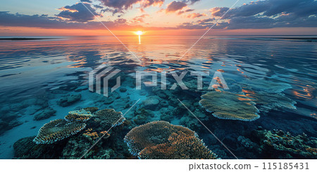Great Barrier Reef on the coast of Queensland, Australia seascape. Coral sea marine ecosystem wallpaper background at sunset, with an orange purple sky in the evening golden hour 115185431