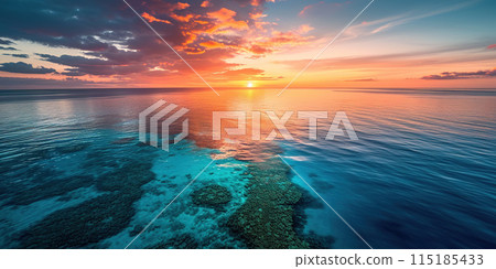 Great Barrier Reef on the coast of Queensland, Australia seascape. Coral sea marine ecosystem wallpaper background at sunset, with an orange purple sky in the evening golden hour 115185433