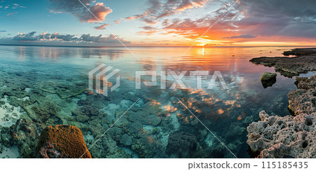 Great Barrier Reef on the coast of Queensland, Australia seascape. Coral sea marine ecosystem wallpaper background at sunset, with an orange purple sky in the evening golden hour 115185435