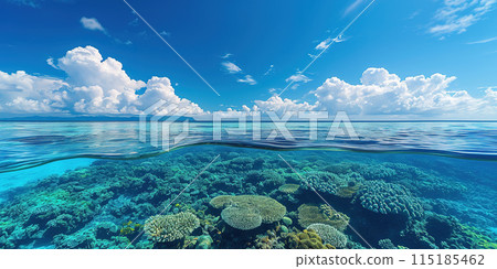Great Barrier Reef on the coast of Queensland, Australia seascape. Coral sea marine ecosystem underwater split view with a blue daylight sky wallpaper background Great Barrier Reef on the coast of Queensland, Australia seascape. Coral sea marine ecosystem underwater split view with a blue daylight sky wallpaper background 115185462