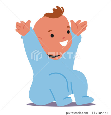 Smiling Baby Boy In Blue Onesie, Joyfully Raising Its Hands. Cartoon Infant With Cheerful Expression And Playful Posture 115185545