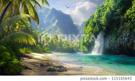 Tropical landscape with mountains, sky, waterfall and palm trees, beautiful view of paradise in jungle. Concept of travel, beach, forest, wilderness and nature. 115185643