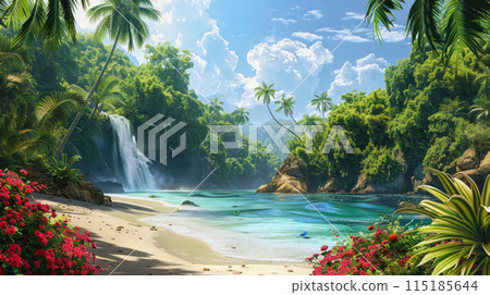 Tropical landscape with wild beach, mountains and waterfall, beautiful view of paradise in green jungle. Concept of travel, forest, summer, wilderness and nature 115185644