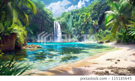 Tourist paradise at wild tropical forest, scene with beautiful beach, green mountains and blue water in jungle. Theme of wilderness, landscape, travel, waterfall, nature 115185645