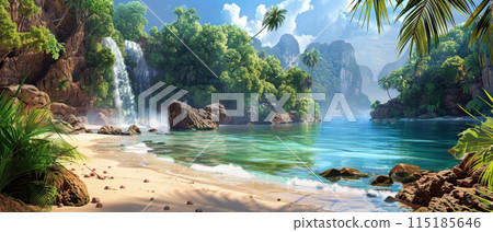 Tourist paradise at wild tropical forest, scene with beautiful beach, green mountains and blue water in jungle. Theme of wallpaper, wilderness, landscape, travel, nature 115185646