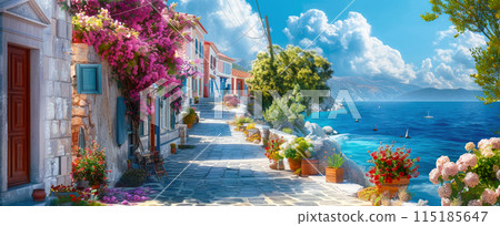 Street with flowers by sea in old seaside city in Greece, scenery of tiled path, sky and beautiful houses. Concept of Greek vacation, beach, summer and travel Street with flowers by sea in old seaside city in Greece, scenery of tiled path, sky and beautiful houses. Concept of Greek vacation, beach, summer and travel 115185647
