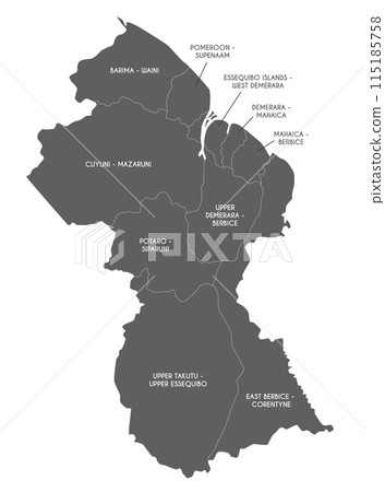 Vector map of Guyana with regions and administrative divisions. Editable and clearly labeled layers. Vector map of Guyana with regions and administrative divisions. Editable and clearly labeled layers. 115185758