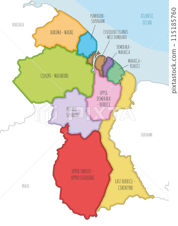 Vector illustrated map of Guyana with regions and administrative divisions, and neighbouring countries. Editable and clearly labeled layers. 115185760