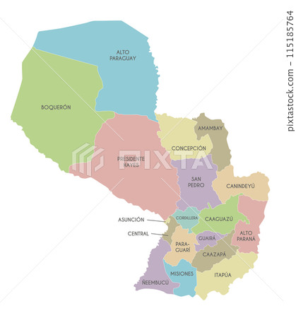 Vector map of Paraguay with departments, capital district and administrative divisions. Editable and clearly labeled layers. Vector map of Paraguay with departments, capital district and administrative divisions. Editable and clearly labeled layers. 115185764