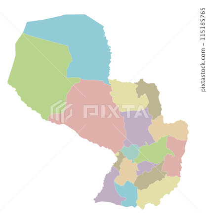 Vector blank map of Paraguay with departments, capital district and administrative divisions. Editable and clearly labeled layers. Vector blank map of Paraguay with departments, capital district and administrative divisions. Editable and clearly labeled layers. 115185765