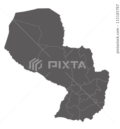 Vector blank map of Paraguay with departments, capital district and administrative divisions. Editable and clearly labeled layers. Vector blank map of Paraguay with departments, capital district and administrative divisions. Editable and clearly labeled layers. 115185767