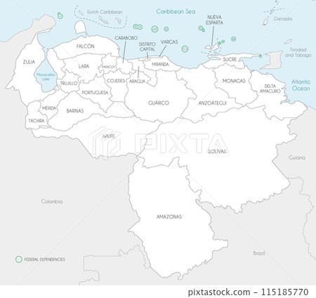 Vector map of Venezuela with states, capital district, federal dependencies and administrative divisions, and neighbouring countries. Editable and clearly labeled layers. 115185770