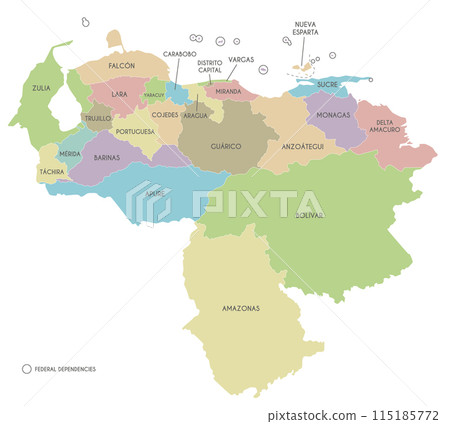 Vector map of Venezuela with states, capital district, federal dependencies and administrative divisions. Editable and clearly labeled layers. Vector map of Venezuela with states, capital district, federal dependencies and administrative divisions. Editable and clearly labeled layers. 115185772