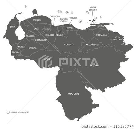 Vector map of Venezuela with states, capital district, federal dependencies and administrative divisions. Editable and clearly labeled layers. 115185774
