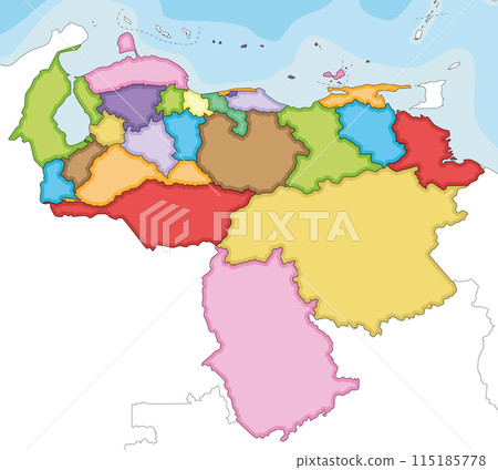 Vector illustrated blank map of Venezuela with states, capital district, federal dependencies and administrative divisions, and neighbouring countries. Editable and clearly labeled layers. 115185778