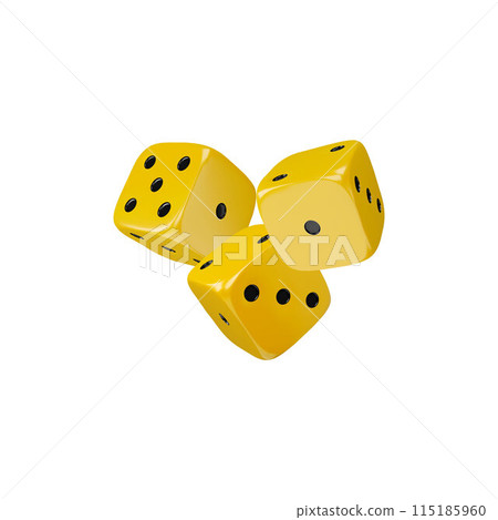 Three game dice falling realistic 3d vector icon, yellow cubes with black dots, gambling games casino, craps board game 115185960