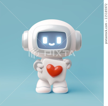 Chatbot robot with hearth in speech bubble 3D vector, cute appreciation Artificial intelligence machine support service 115185972