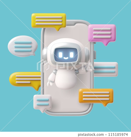 3D vector friendly robot with phone icons and message speech bubbles on a blue background, 115185974