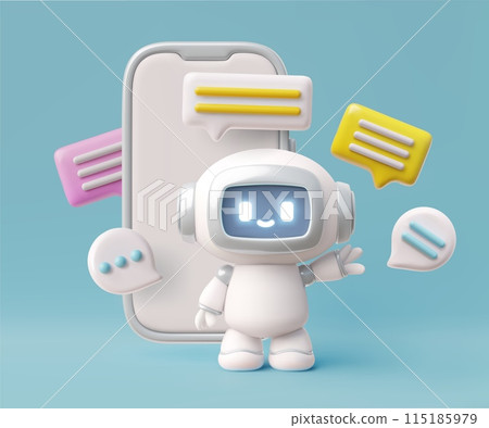 Chatbot and smartphone with speech bubbles in 3D vector. Chatbot and smartphone with speech bubbles in 3D vector. 115185979