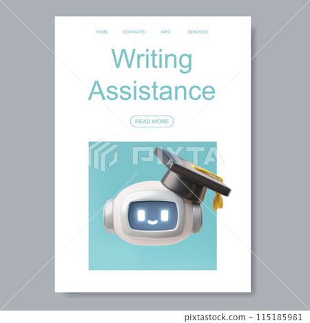Vector 3D robot in a square academic cap, writing assistant for an online support service 115185981