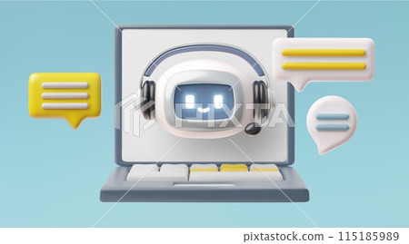 Chatbot support, 3D robot head on laptop with speech bubbles. Chatbot support, 3D robot head on laptop with speech bubbles. 115185989
