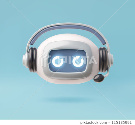 Vector 3D cute robot with headphones and microphone, created as a customer service operator. Vector 3D cute robot with headphones and microphone, created as a customer service operator. 115185991