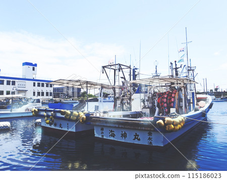 Fishing port and fishing boats on a clear day Fishing port scenery [horizontal composition] 115186023