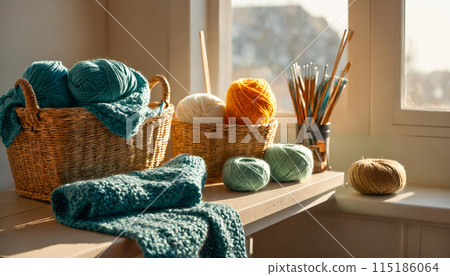 Colorful Yarn and Knitting Supplies by Sunny Window 115186064