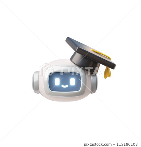 Chat bot robot with university black cap, AI assistance machine 3D vector icon, online education, distance studying Chat bot robot with university black cap, AI assistance machine 3D vector icon, online education, distance studying 115186108