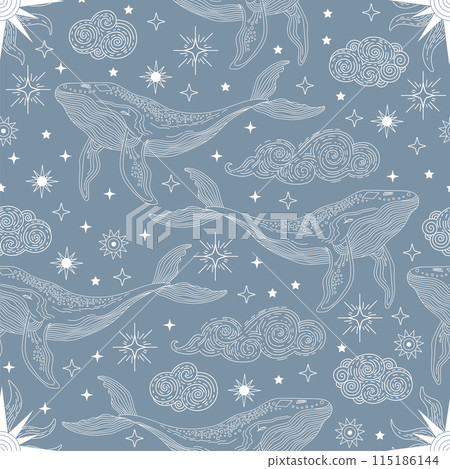 Star constellation clouds and celestial whale seamless pattern 115186144