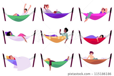 Collection of isolated characters lying in colorful hammocks. Collection of isolated characters lying in colorful hammocks. 115186186