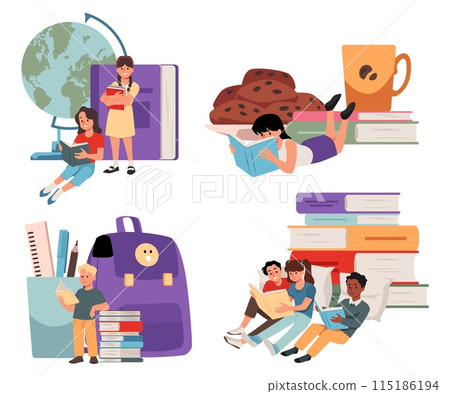 Set of flat illustrations for children's reading and learning concepts. 115186194