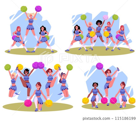 Groups of cheerleaders perform dance and gymnastic, vector illustration isolated. 115186199