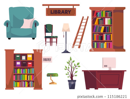 Furniture and interior elements set for library, vector illustration isolated. Furniture and interior elements set for library, vector illustration isolated. 115186221