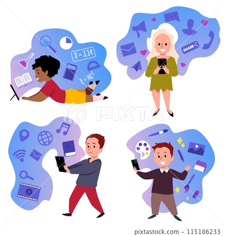 Vector set showing children fascinated by phones to perform a variety of tasks. 115186233