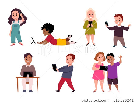 A set of flat illustrations showing how children use their gadgets. 115186241