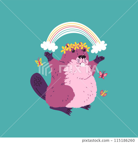 Vector illustration a beaver decorated with a wreath of flowers, holding a rainbow above his head 115186260