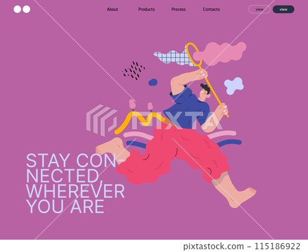 Life Unframed: Cloud catcher -modern flat vector concept illustration of running man with butterfly net. Metaphor of unpredictability, imagination, whimsy, cycle of existence, play, growth, discovery 115186922